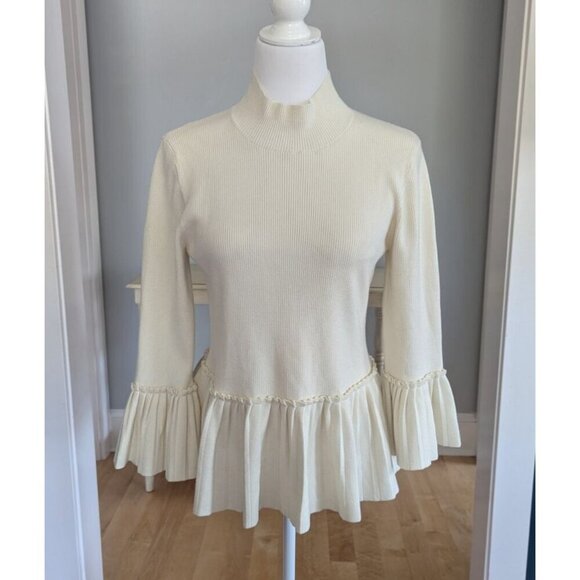 Ted Baker Lislie Pleated Ribbed Peplum Sweater Ivory Size 4 - Picture 1 of 9